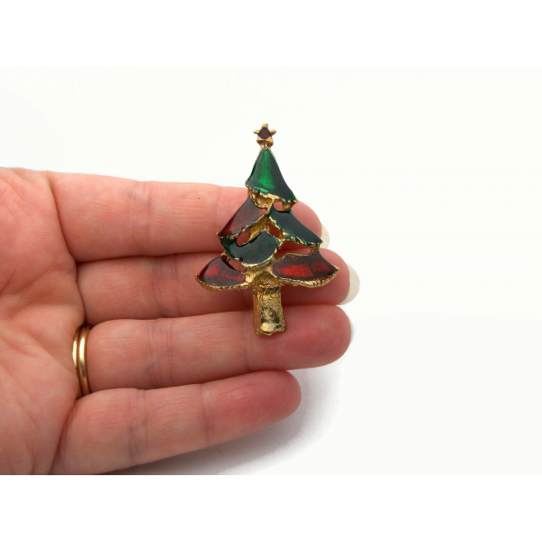Vintage Red and Green Enamel Christmas Tree Brooch Pin Lapel Pin Enameled Gold