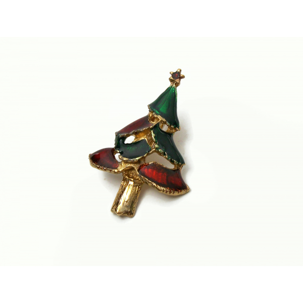 Vintage Red and Green Enamel Christmas Tree Brooch Pin Lapel Pin Enameled Gold
