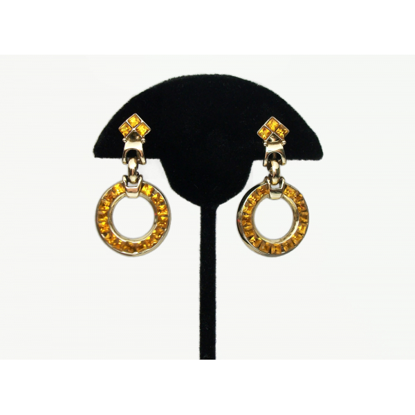 Vintage Topaz Colored Crystal Rhinestone Hoop Dangle Clip Earrings