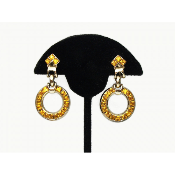 Vintage Topaz Colored Crystal Rhinestone Hoop Drop Clip Earrings