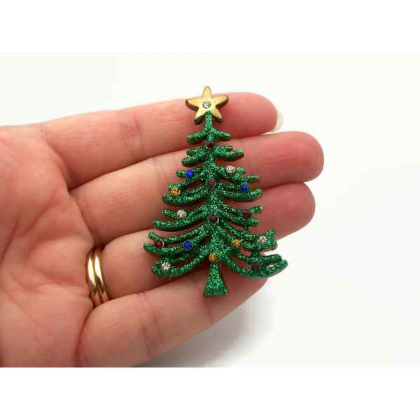 Vintage Green Glitter Christmas Tree Brooch Lapel Pin with Colorful Rhinestones