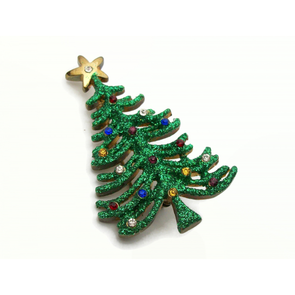 Vintage Green Glitter Christmas Tree Brooch Lapel Pin with Colorful Rhinestones