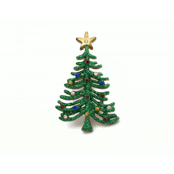 Vintage Green Glitter Christmas Tree Brooch Lapel Pin with Colorful Rhinestones