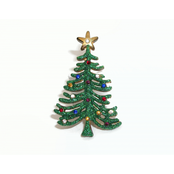 Vintage Green Glitter Christmas Tree Brooch Lapel Pin with Colorful Rhinestones