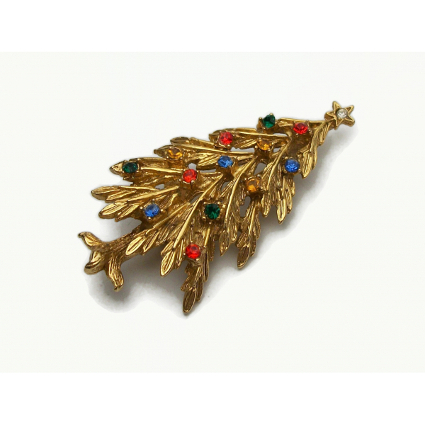 Vintage Signed ART Gold Rhinestone Christmas Tree Brooch Lapel Pin Rhinestone