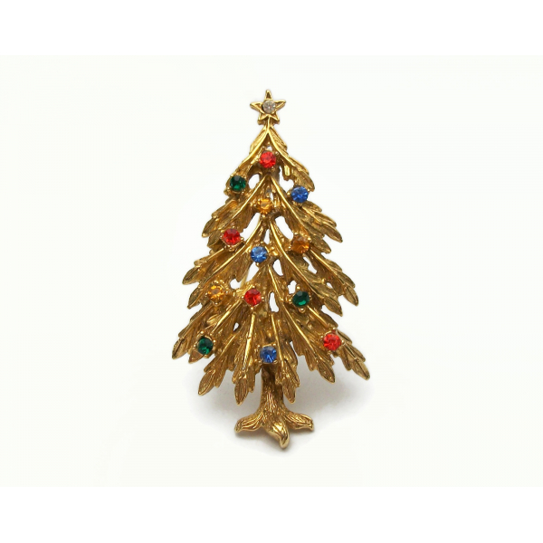 Vintage Signed ART Gold Rhinestone Christmas Tree Brooch Lapel Pin Colorful