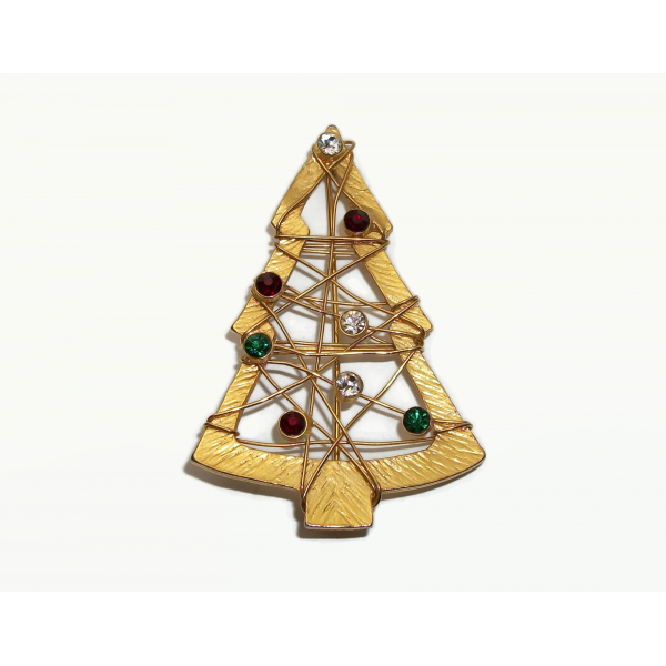 Vintage Large Textured Gold Wire Christmas Tree Brooch Signed Casual Corner