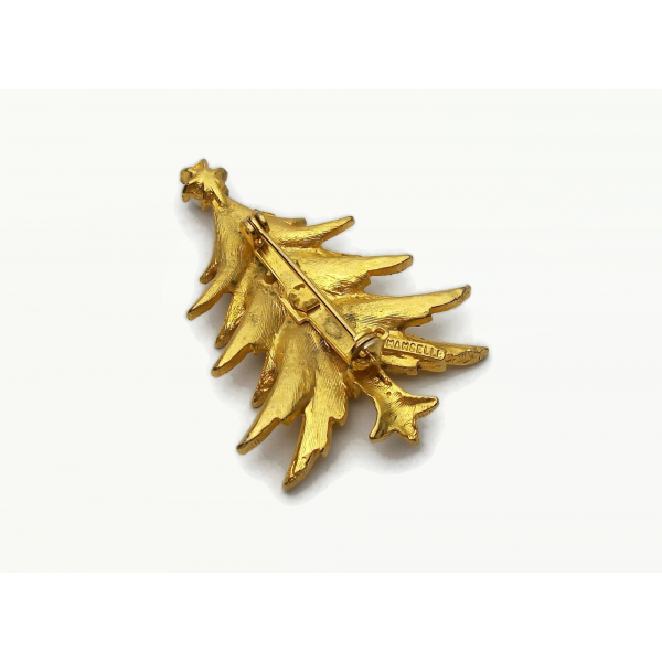 Vintage Mamselle Brushed Gold Christmas Tree Brooch Pin with Faux Pearl Signed