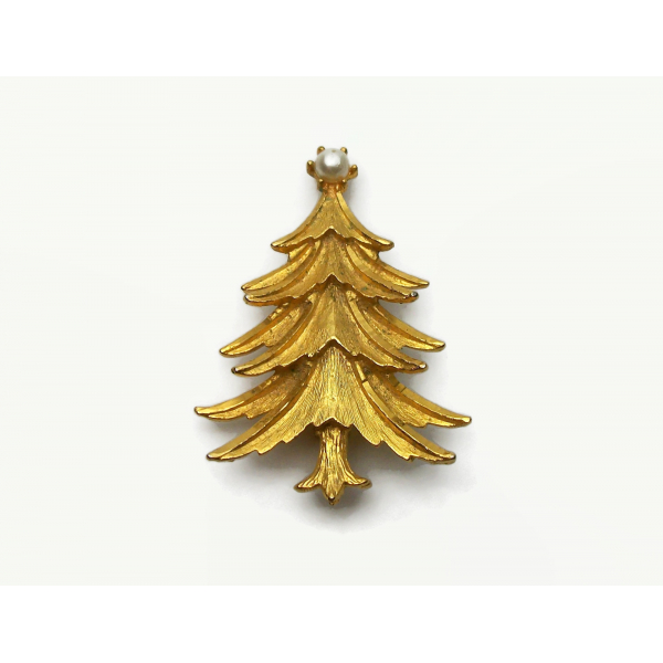 Vintage Mamselle Christmas Tree Brooch Pin Brushed Gold with Faux Pearl