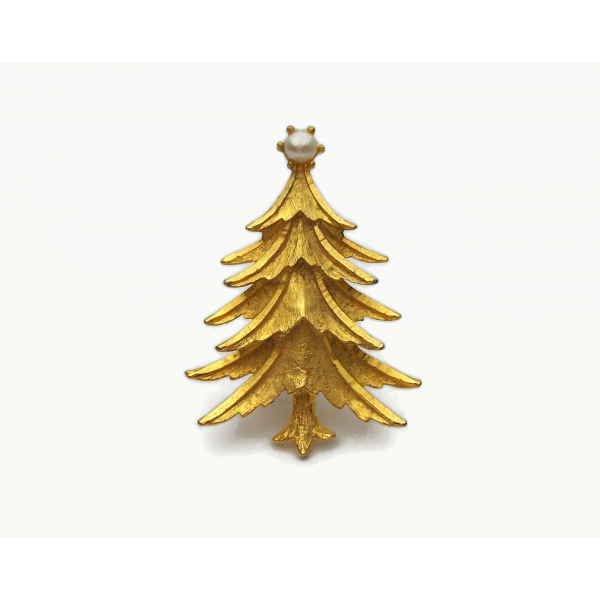 Vintage Mamselle Brushed Gold Christmas Tree Brooch Pin with Faux Pearl Signed