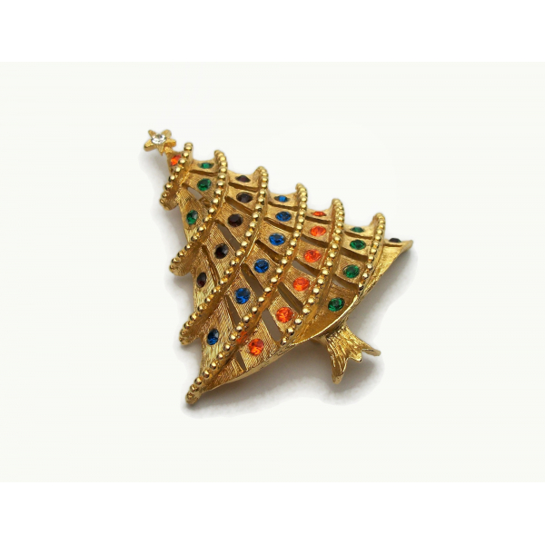 Vintage Brushed Gold Christmas Tree Brooch Pin with Colorful Rhinestones
