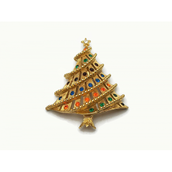 Vintage Brushed Gold Christmas Tree Brooch Pin with Colorful Rhinestones