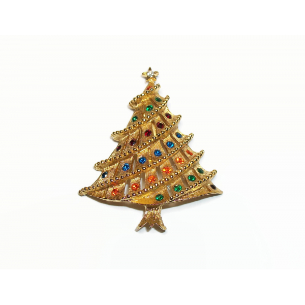 Vintage Textured Gold Christmas Tree Brooch Pin with Colorful Rhinestones