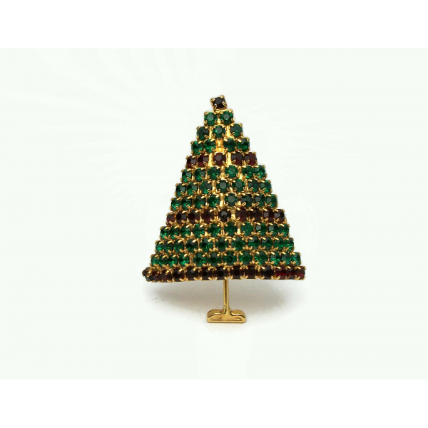 Vintage Emerald Green Garnet Red Pave Crystal Rhinestone Christmas Tree Brooch