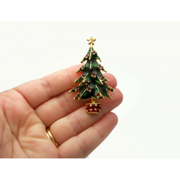 Vintage Enamel Christmas Tree Brooch Gold with Green and Red Enamel