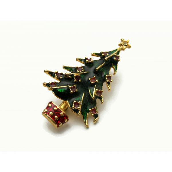 Vintage Enamel Christmas Tree Brooch Gold with Green and Red Enamel