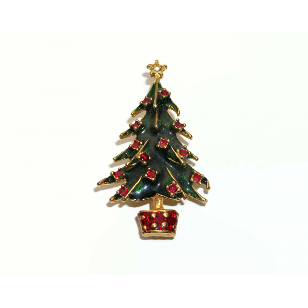 Vintage Enamel Christmas Tree Brooch Gold with Green and Red Enamel