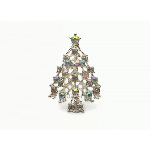 Vintage Rhodium Plated Silver Christmas Tree Brooch Pin with AB Crystals
