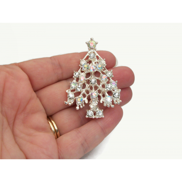 Vintage Rhodium Plated Silver Christmas Tree Brooch Pin Aurora Borealis Crystals