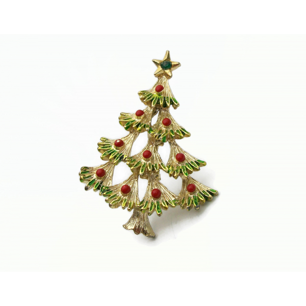 Vintage Signed Gerry's Christmas Tree Pin Brooch Gold with Green and Red Enamel