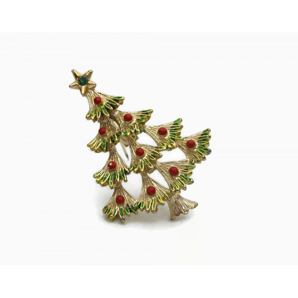 Vintage Signed Gerry's Christmas Tree Pin Brooch Gold with Green and Red Enamel