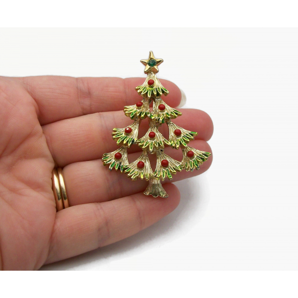 Vintage Signed Gerry's Christmas Tree Pin Brooch Gold with Green and Red Enamel