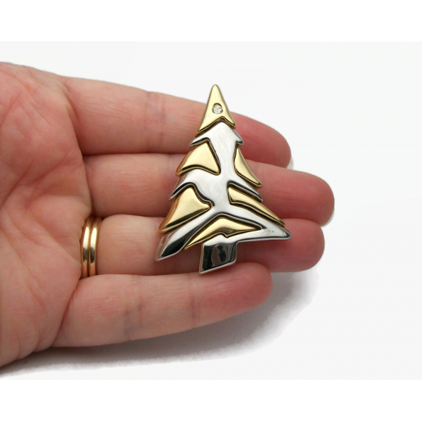 Vintage Liz Claiborne Silver and Gold Christmas Tree Pin Brooch Lapel Pin