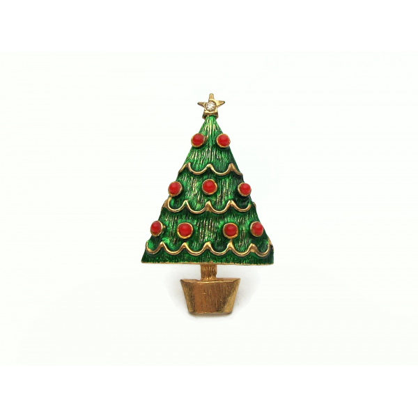 Small Vintage Gold and Enamel Christmas Tree Pin Brooch Lapel Pin Green Red