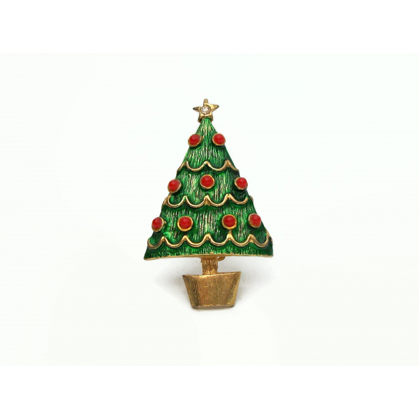 Small Vintage Gold and Enamel Christmas Tree Pin Brooch Lapel Pin Green Red