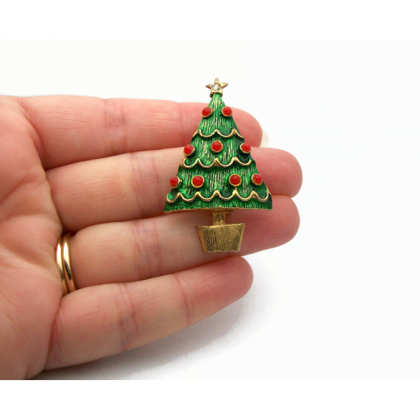Small Vintage Gold and Enamel Christmas Tree Pin Brooch Lapel Pin Green with Red