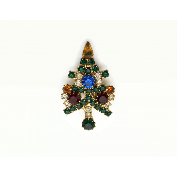 Vintage Small Prong Set Crystal Rhinestone Christmas Tree Pin High End Brooch