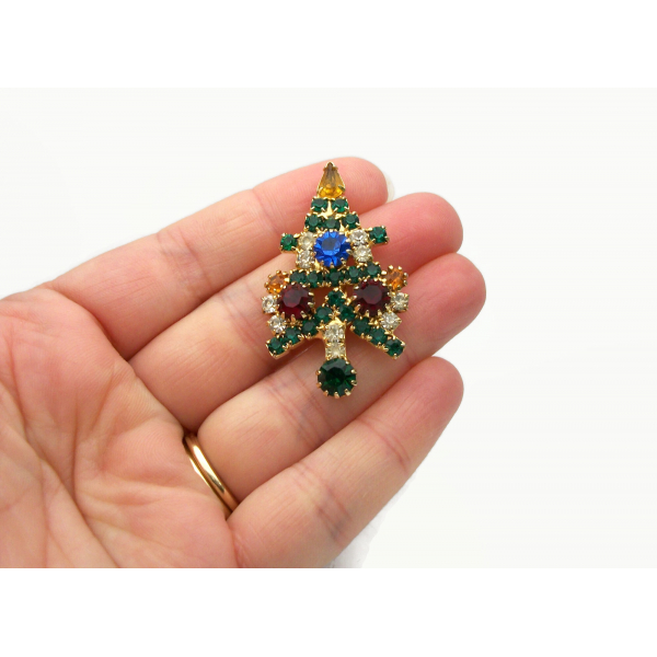 Vintage Small Prong Set Crystal Rhinestone Christmas Tree Brooch Pin High End