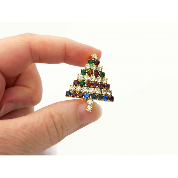 Vintage Small Prong Set Multicolored Rhinestone Christmas Tree Pin Brooch Gold