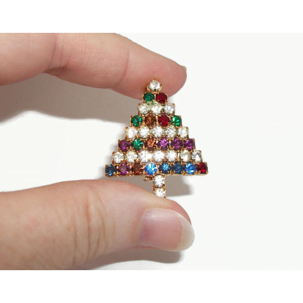 Vintage Small Prong Set Multicolored Rhinestone Christmas Tree Pin Mini Brooch