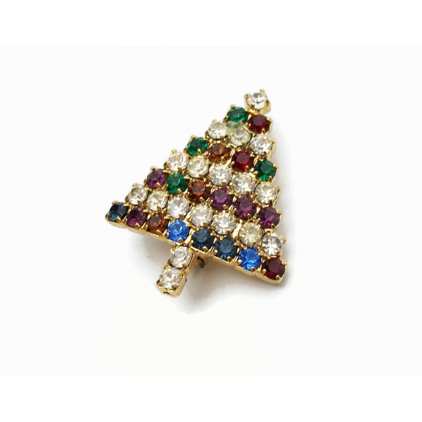 Vintage Small Prong Set Multicolored Rhinestone Christmas Tree Lapel Pin Brooch