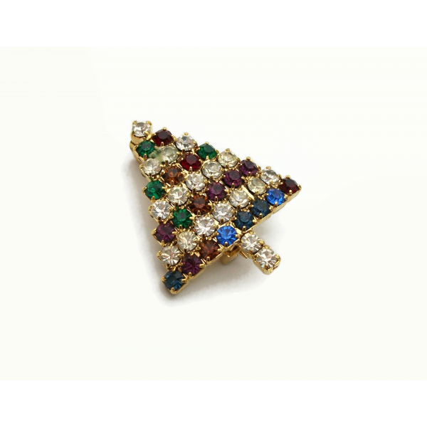 Vintage Small Prong Set Multicolored Rhinestone Christmas Tree Brooch Pin