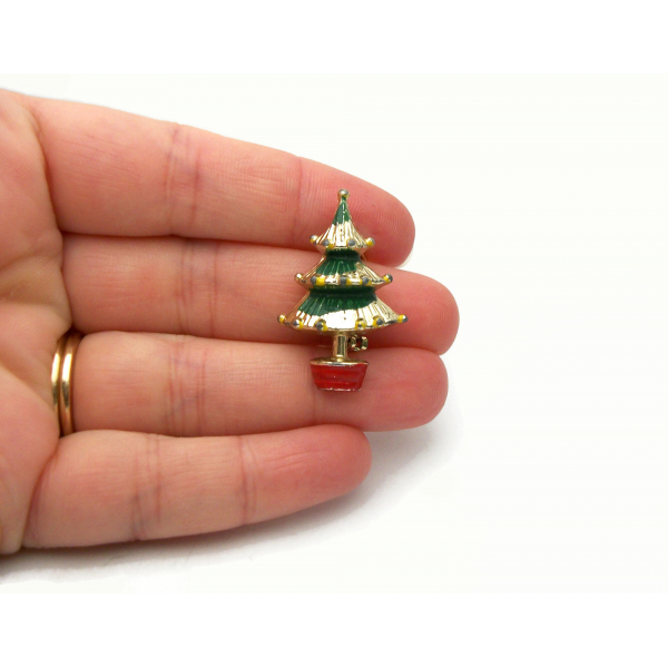 Vintage Tiny Christmas Pin Mini Enamel Christmas Tree Brooch Miniature Small 50s