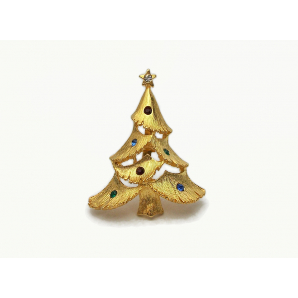 Vintage JJ Jonette Brushed Gold Christmas Tree Brooch Pin with Rhinestones
