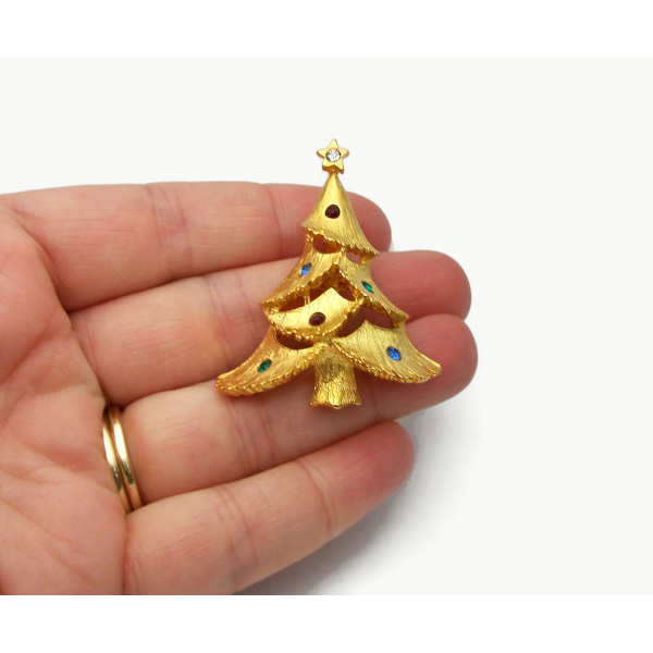 Vintage JJ Jonette Brushed Gold Christmas Tree Brooch Christmas Pin