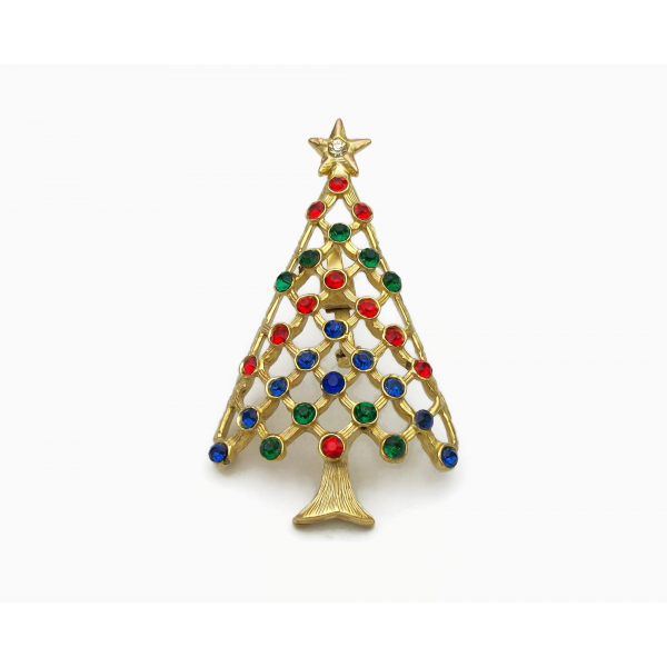 Vintage Gold Christmas Tree Brooch Lapel Pin with Red Green Blue Rhinestones