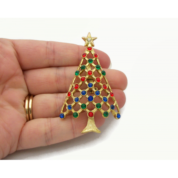 Vintage Gold Christmas Tree Pin Brooch Lapel Pin with Red Green Blue Rhinestones