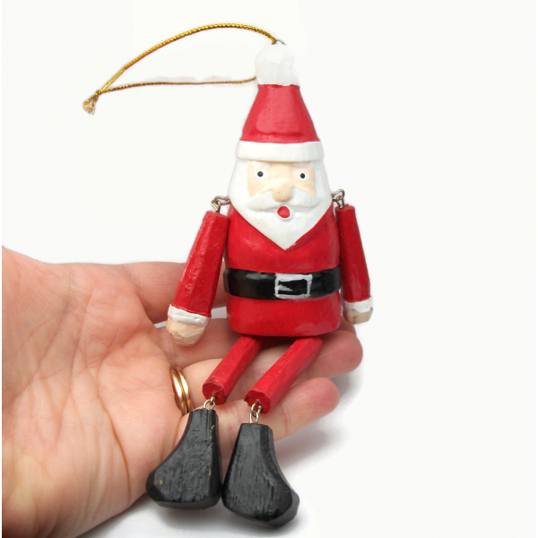 Hand Painted Wood Santa Christmas Ornament Dangly Arms and Legs 6.5 inches