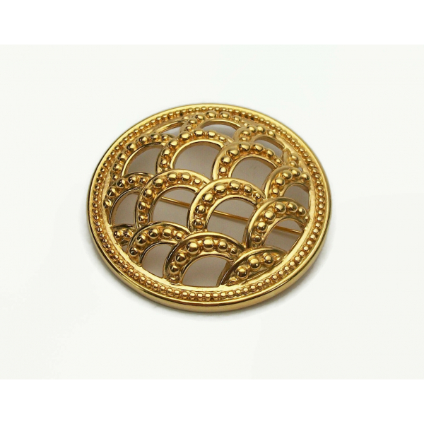 Vintage Monet Pin Round Domed Gold Shield Brooch Scalloped Fish Scale Design