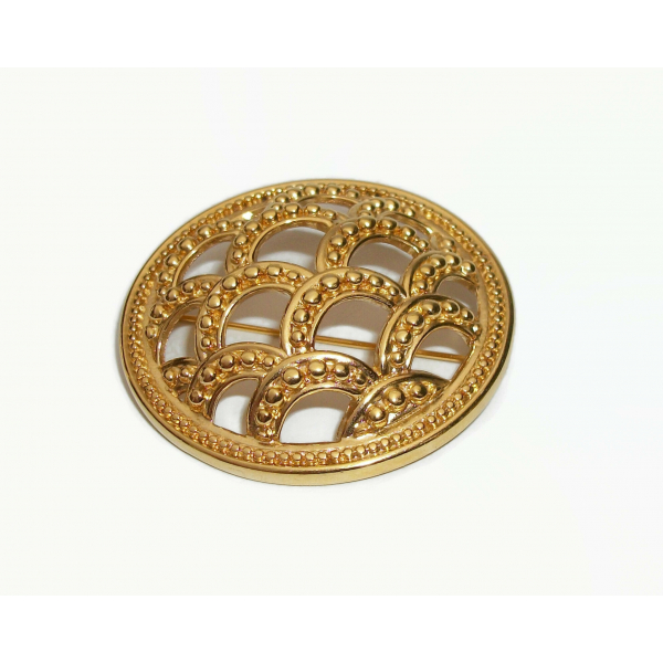 Vintage Monet Round Domed Gold Shield Brooch Scalloped Fish Scale Design