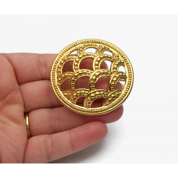 Vintage Monet Round Domed Gold Shield Brooch Pin Scalloped Fish Scale Design