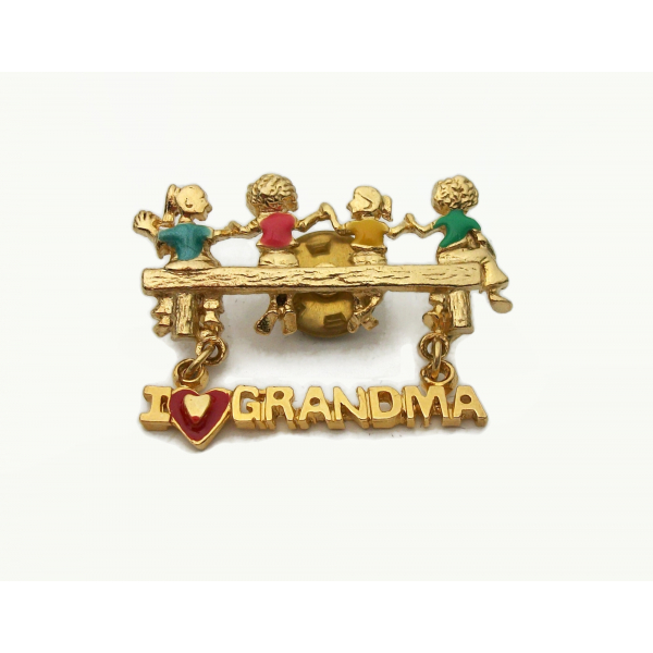 Vintage I Love Grandma Pin Gold and Enamel Four Grandkids Quadruplets