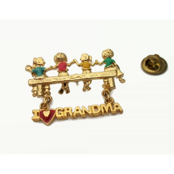 Vintage I Love Grandma Pin Gold and Enamel Four Grandchildren Grandkids