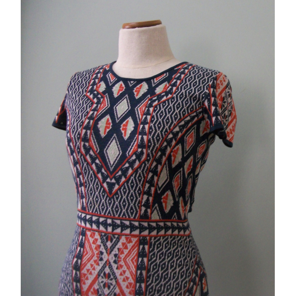 Vintage BCBGMaxAzria Kayla Dress Geometric Knit Dress Size S Small Orange Navy
