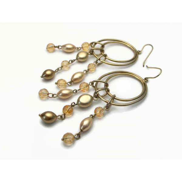 Vintage Gold and Champagne Bead Dangle Earrings Hook Earrings 3.5 inch Boho