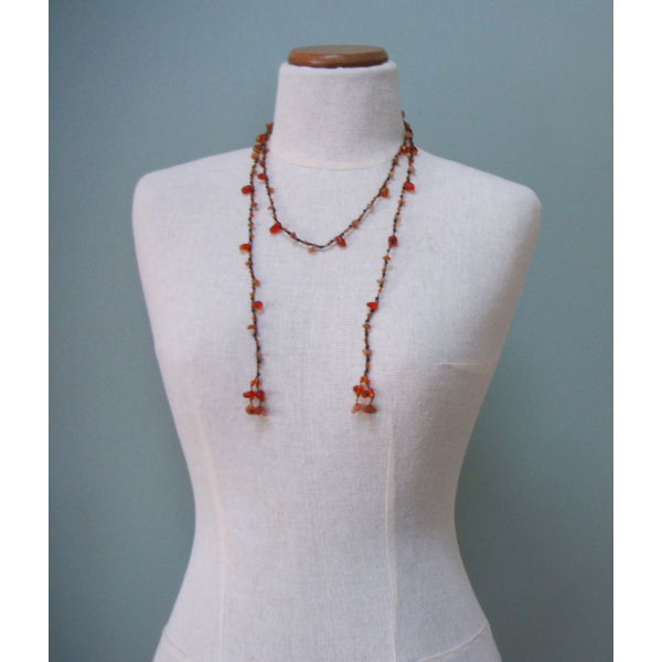 Vintage Amber Nugget Tassel Lariat Necklace Hand Knotted Long Versatile Jewelry